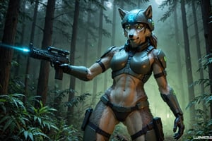 Photo of a anthro wolf, realistic detailed fur, cyberpunk soldier female, luminescent ,night in a forest,  wearing combat helmet, natural light, epic Pose 