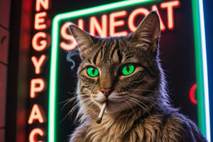 closeup,photo,  an anthrocat hippy, smoking weed , in background "420" neon sign