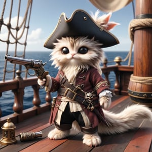 closeup of a a nice cat fur pirate on the deck of his ship holding a flintlock pistol
