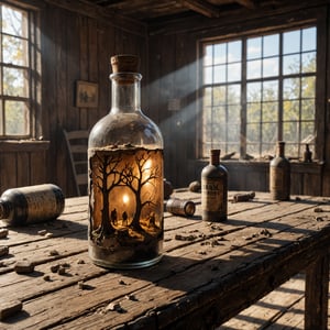 closeup photo,diorama,post apocalyptic inside a bottle, sitting on an old oak table in a dusty room, natural light , raytracing