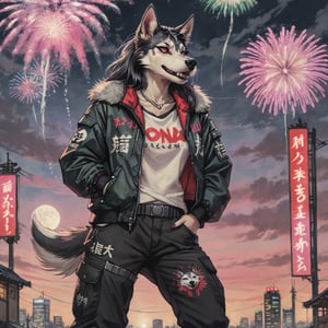 Epic sky full of fireworks, detailed lights ,Loona Hellhound is watching The event, wearing a leader jacket and black cargo pants ,Ukiyo-e