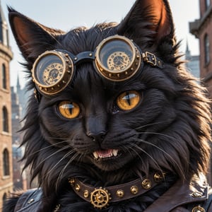 Closeup Photo of an,cat, realistic black fluffy fur, detailed fangs, wearing steampunk outfit, steampunk city, natural light