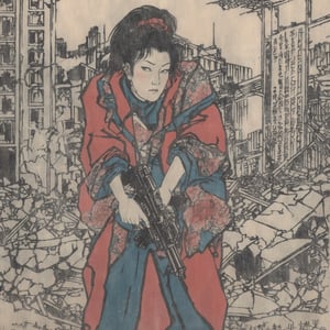 Closeup cyberpunk woman in a destroyed city, holding gun,Ukiyo-e