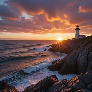 Epic photorealistic photo insane details, of an sunrise over a coast line, a lighthouse is in the picture 