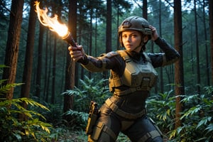 Photo of a cyberpunk soldier women holding ared flair torch at night in a forest,  wearing combat helmet, natural light, epic Pose 