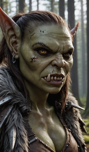 Closeup Photo ,of an Ork woman , realistic fur clothing,hang on a battlefield, forest , natural light