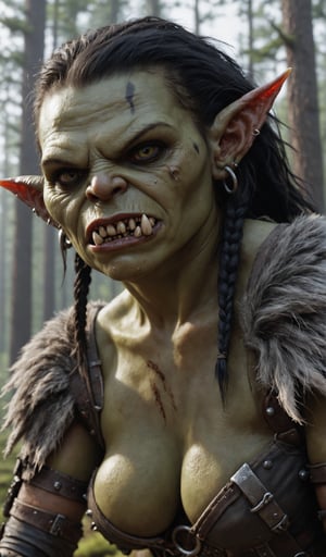Closeup Photo ,of an Ork woman , realistic fur clothing,hang on a battlefield, forest , natural light