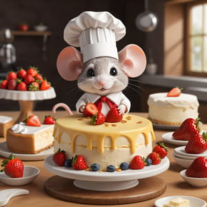 chibi, perfect-composition, Perfect pictorial composition, Creative poster, Cute, (mouse dressed as a chief), (mouse as chef), (Decorating a Really Delicious Cheesecake), (Cream cheese cake with strawberries), (messy table), (There are pieces of cheese scattered around.), (Best Quality:1.2), (Ultra-detailed), (Photorealistic:1.37), (HDR), (Vivid colors), (portrait of a), (Warm and bright color tones), (Soft diffuse lighting),food ,niji style