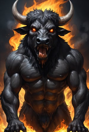  Shadow was in a dark place, and the thing staring at him wore a buffalo's head, rsnk and furry with huge wet eyes. Its body was a man's body, oiled and slick.((Theriocephaly)), FLAMES IN MOUTH, LIQUID MARBLE EYES,  ,darkart