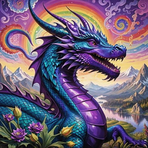 A impressionistic artwork of an LSD trip of a purple wise dragon