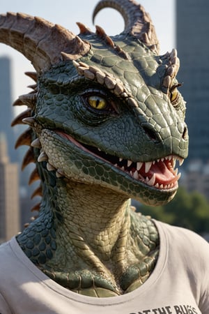 closeup photo, argonian  female,  detailed face, curled horns, realistic scales, fangs, tounge out , city background, wearing shirt, text: dont eat the bugs, natural light