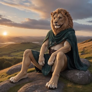  Photo, anthro lion male, wearing Scottish clothing,on a hill Is watching the sunrise offer a beautiful, Scottish landscape , fangs, paws