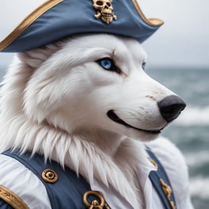 photo face closeup of WhiteWolf  man, pirate outfit, epic stormy sea
