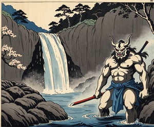 ukyoe woodblock drawing of an oni near a waterfall near cherrytrees