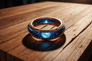 closeup , photo,the whole universum in a stylistic ring laying on a wooden table, epic light, glowing
