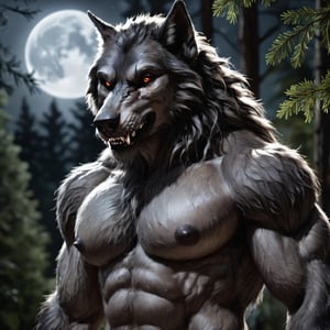Closeup photo of a anteo werewolf , nude , forest background, moonlight 