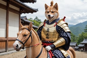 closeup,photo,  an shiba inu samurai, in full armor, is riding a horse, feudal japan background