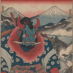 Detailed  closeup colourful ukiyoe of a oni, mount Fuji background ,Ukiyo-e