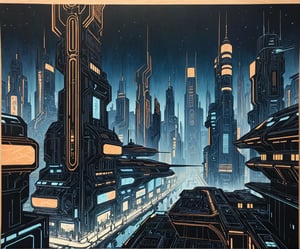 ukyoe woodblock drawing of an futuristic cyberpunk city