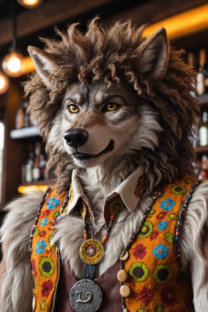 Closeup,Photo of a anthro wolf, male, realistic detailed fur, wearing hippy outfit, voluminous afro hairs, 70 years bar, natural light 