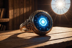 closeup , photo,the whole universum in a stylistic ring laying on a wooden table, epic light, glowing