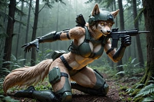 Photo of a anthro wolf, realistic detailed fur, cyberpunk soldier female, bioluminiscence,night in a forest,  wearing combat helmet, natural light, epic Pose 