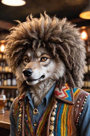 Closeup,Photo of a anthro wolf, male, realistic detailed fur, wearing hippy outfit, voluminous afro hairs, 70 years bar, natural light 