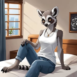 Closeup anime Artwork of a anthro , ring tail lemur , female, wearing white tank top, Jeans,sitting on ,bed,  fangs, paws, ink style, vector graphic 
