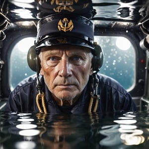 Closeup photo, old marine sailor,inside a submarine, half flooded, reflecting surfaces, Natural light 