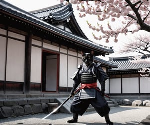 Monochromatic still of a mighty anthro cat samurai with his katana in the background an old Japanese building near a Cherry tree 