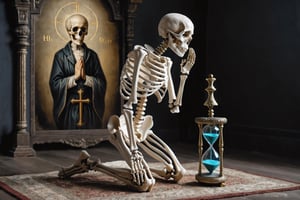 Closeup of a skeleton kneels down in praying position he is holding an  hourglass in his both hands towards the viewer
