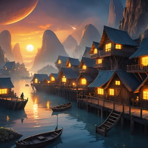 Closeup Artwork of a futuristic fantasy Fisher village , epic sunrise, epic lights