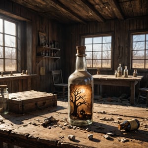 closeup photo,diorama,post apocalyptic inside a bottle, sitting on an old oak table in a dusty room, natural light , raytracing