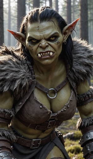 Closeup Photo ,of an Ork woman , realistic fur clothing,hang on a battlefield, forest , natural light