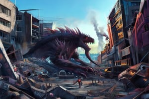 detailed artwork of a wolf monster  that is looking down a hill of a destroyed city an nuclear Blast is in the background, a newdawn is on the horizon ,monsterdiversity