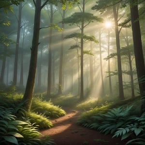 A serene forest landscape at dawn, with soft, diffused morning light filtering through the trees, highlighting the intricate details of the foliage and undergrowth. The composition captures a tranquil atmosphere, with a gentle mist hovering above the forest floor, creating a mystical and peaceful scene.