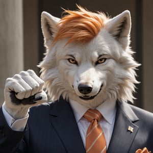 closeup, Photo of a anthro white wolf, trump outfit, orange hair, realistic detailed fur, wearing a suit,, detailed face, raising fist, natural light