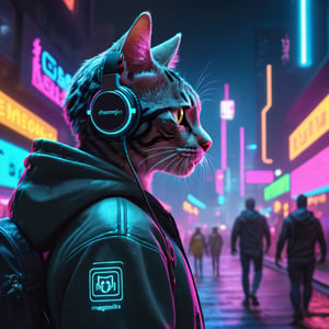 Dreampolis, hyper-detailed digital illustration, cyberpunk, cat with techsuite hoodie and headphones in the street, neon lights, lighting bar, city, cyberpunk city, film still, backpack, in megapolis, pro-lighting, high-res, masterpiece