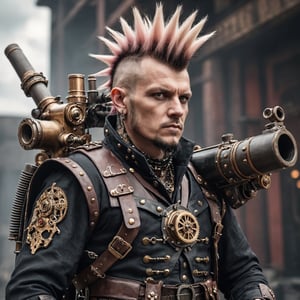 Detailed  closeup photo of a bastard Lord wearing a Mohawk holding a Gatling gun steampunk industrial background 