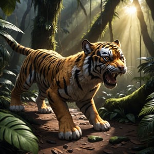  quality,high-resolution,dynamic angle,rainforest sunrise atmophere,playful-shadows,realistic epic-fluffy,puppy1tiger,angry hunting,huge detalied scene