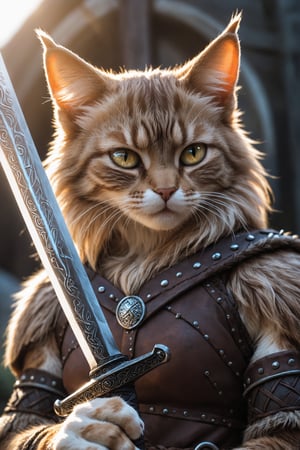 closeup photo,  viking cat holding a glowing viking sword, natural light
