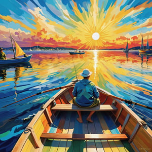 A impressionistic artwork of a lad trip , colorfull of an fisherman in his boat on a see of beer the sun has a face the sky is in all colors