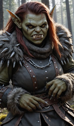 Closeup Photo ,of an Ork woman , realistic fur clothing,hang on a battlefield, forest , natural light