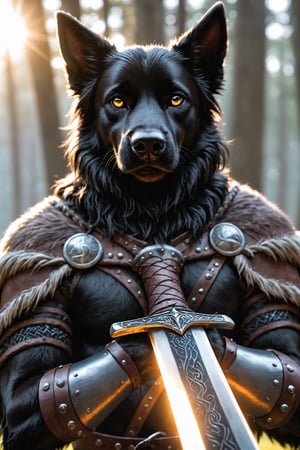 closeup photo,  viking black dog holding a glowing viking sword, natural light