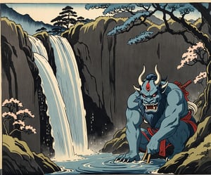 ukyoe woodblock drawing of an oni near a waterfall near cherrytrees