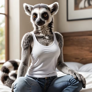 Closeup photo of a anthro , ring tail lemur , female, wearing white tank top, Jeans,sitting on ,bed,  natural light 