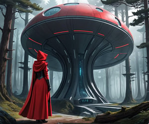 futuristic drawing style of  red riding hood in a futuristic screnery near the forest