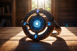 closeup , photo,the whole universum in a stylistic ring laying on a wooden table, epic light, glowing