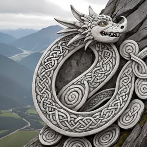 closeup photo, of an happy dragon, on a mountain, knotwork, runes