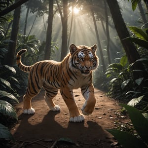  quality,high-resolution,dynamic angle,rainforest sunrise atmophere,playful-shadows,realistic epic-fluffy,puppy1tiger,angry hunting,huge detalied scene
